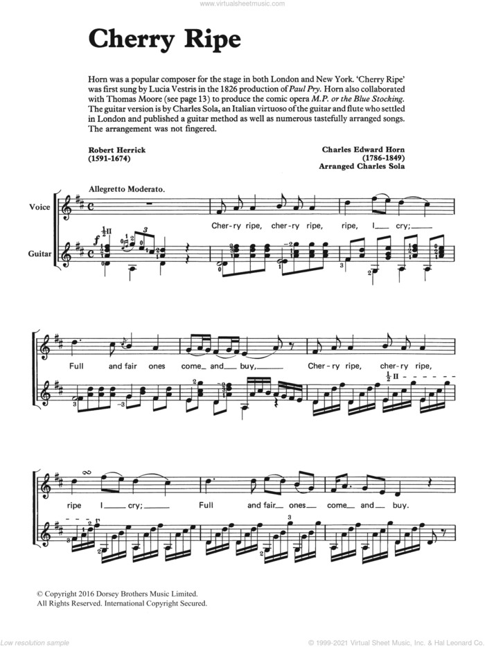 Cherry Ripe sheet music for voice, piano or guitar by Charles Edward Horn, Charles Sola and Robert Herrick, classical score, intermediate skill level