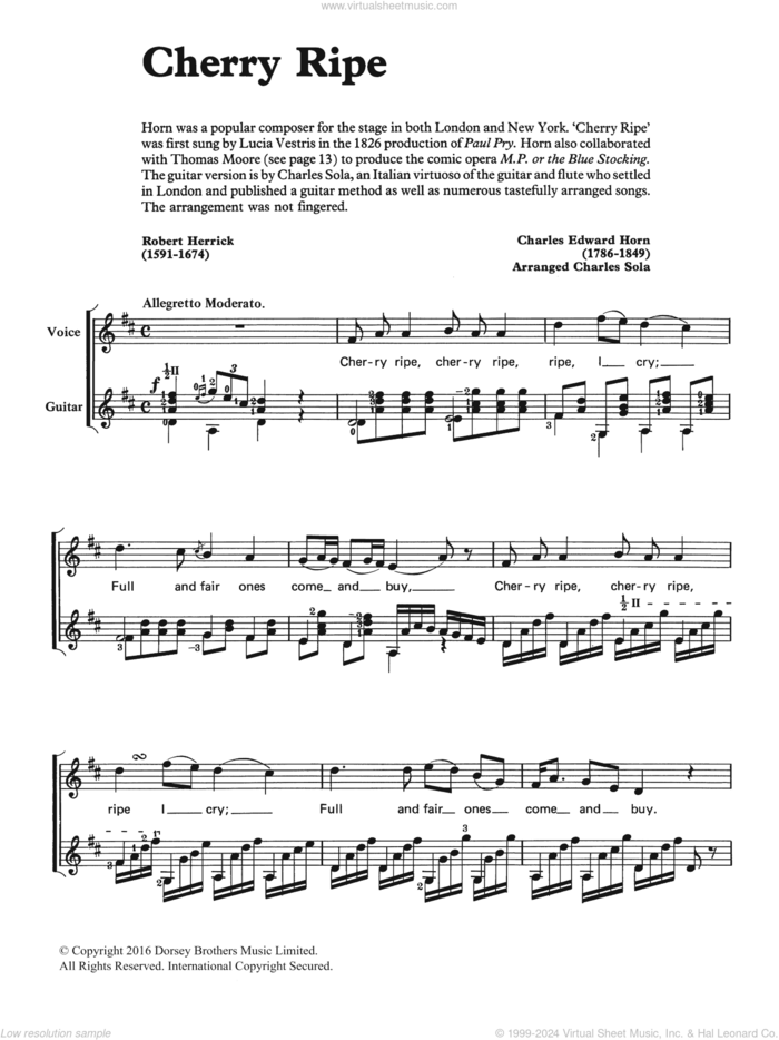 Cherry Ripe sheet music for voice, piano or guitar by Charles Edward Horn, Charles Sola and Robert Herrick, classical score, intermediate skill level