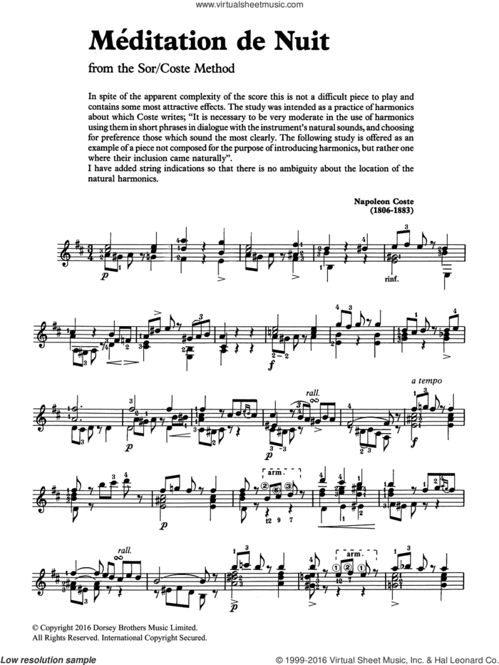 Meditation De Nuit sheet music for guitar solo (chords) by Napoleon Coste, classical score, easy guitar (chords)