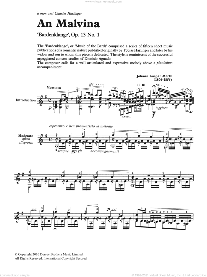 An Malvina sheet music for guitar solo (chords) by Johann Kaspar Mertz, classical score, easy guitar (chords)