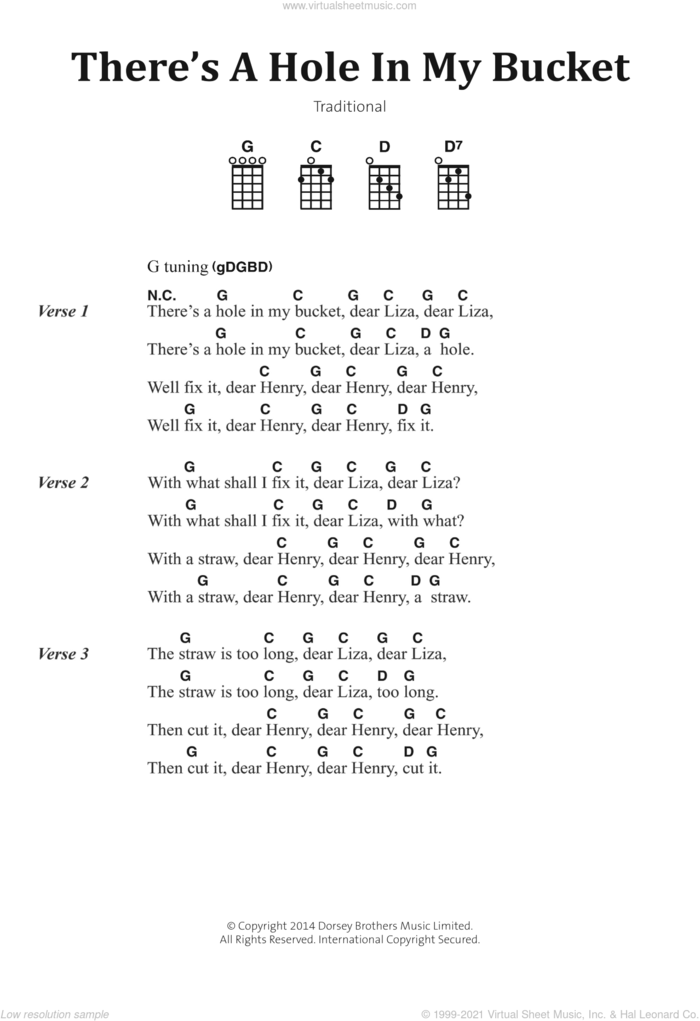 There's A Hole In My Bucket sheet music for voice, piano or guitar, intermediate skill level