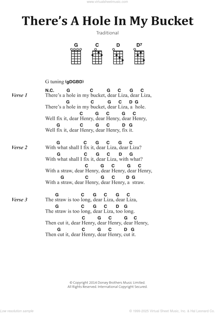 There's A Hole In My Bucket sheet music for voice, piano or guitar, intermediate skill level