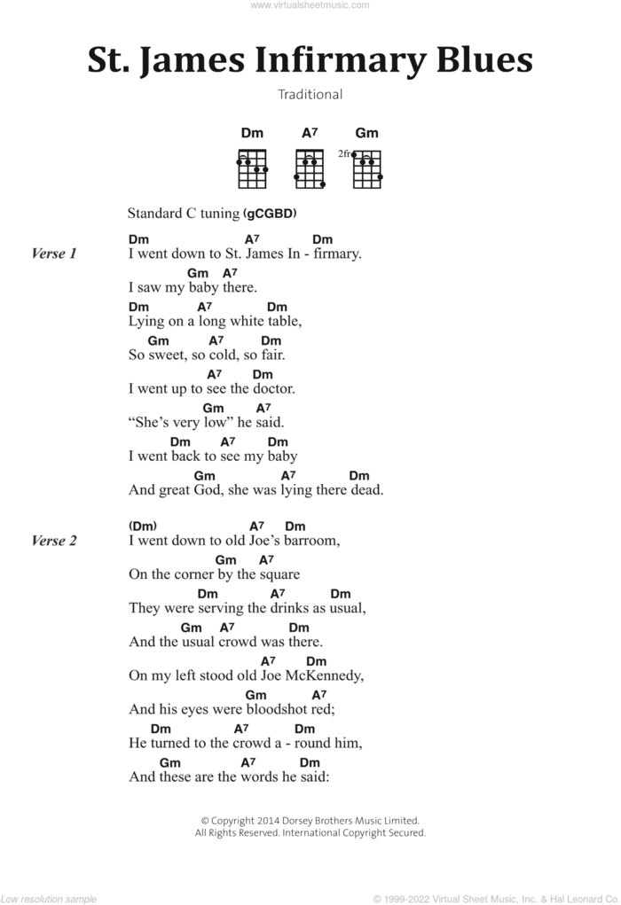 St James' Infirmary Blues sheet music for voice, piano or guitar, intermediate skill level