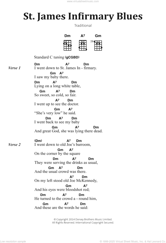 St James' Infirmary Blues sheet music for voice, piano or guitar, intermediate skill level