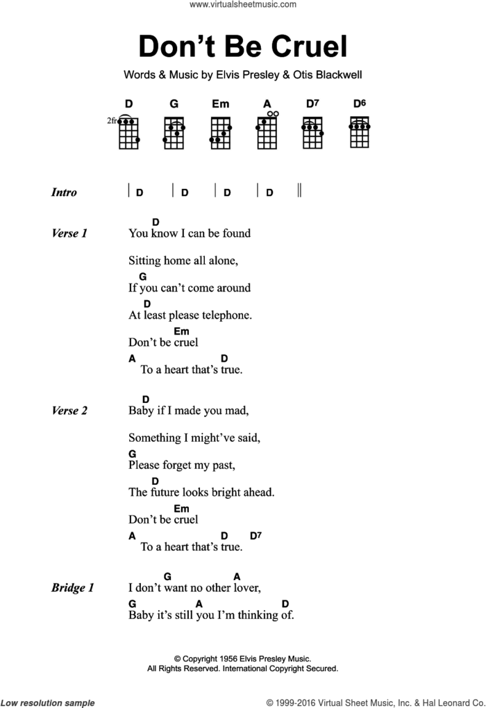 Don't Be Cruel sheet music for ukulele (chords) by Elvis Presley and Otis Blackwell, intermediate skill level