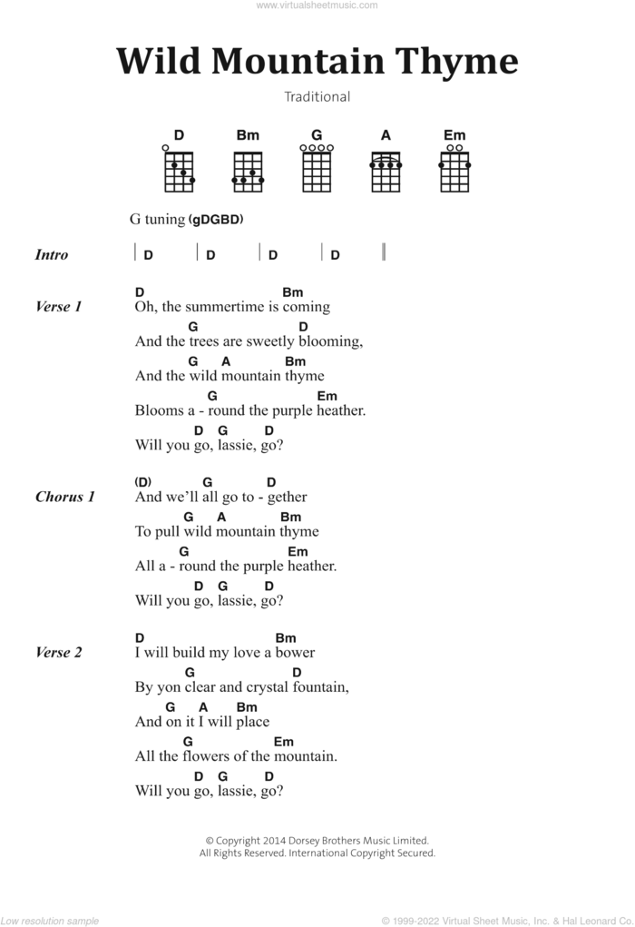 Wild Mountain Thyme sheet music for ukulele (chords), intermediate skill level