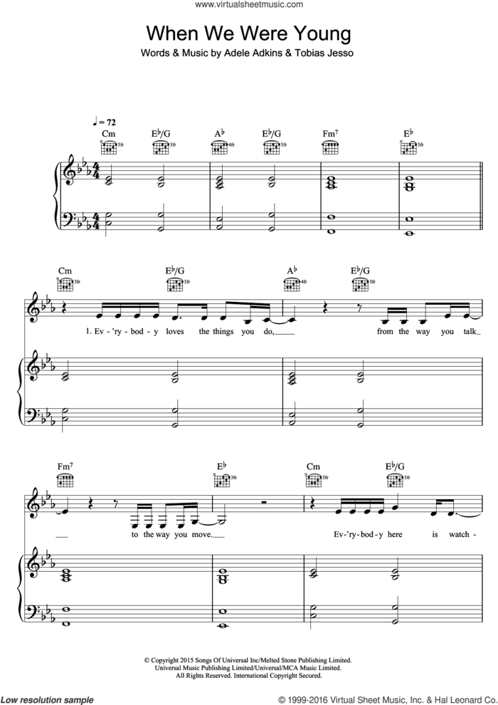 When We Were Young sheet music for voice, piano or guitar by Adele, Adele Adkins and Tobias Jesso, intermediate skill level