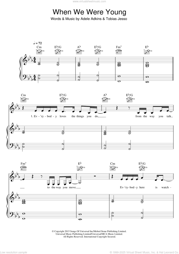 When We Were Young sheet music for voice, piano or guitar by Adele, Adele Adkins and Tobias Jesso, intermediate skill level