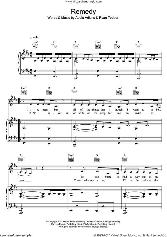 Remedy sheet music for voice, piano or guitar by Adele, Adele Adkins and Ryan Tedder, intermediate skill level