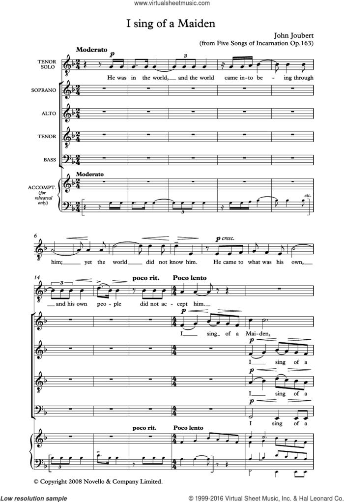 I Sing Of A Maiden sheet music for voice, piano or guitar by John Joubert and Biblical, classical score, intermediate skill level