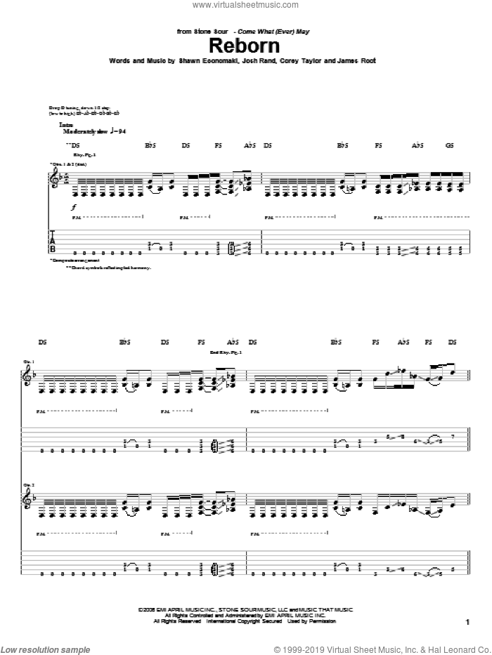 Reborn sheet music for guitar (tablature) by Stone Sour, Corey Taylor, James Root, Josh Rand and Shawn Economaki, intermediate skill level