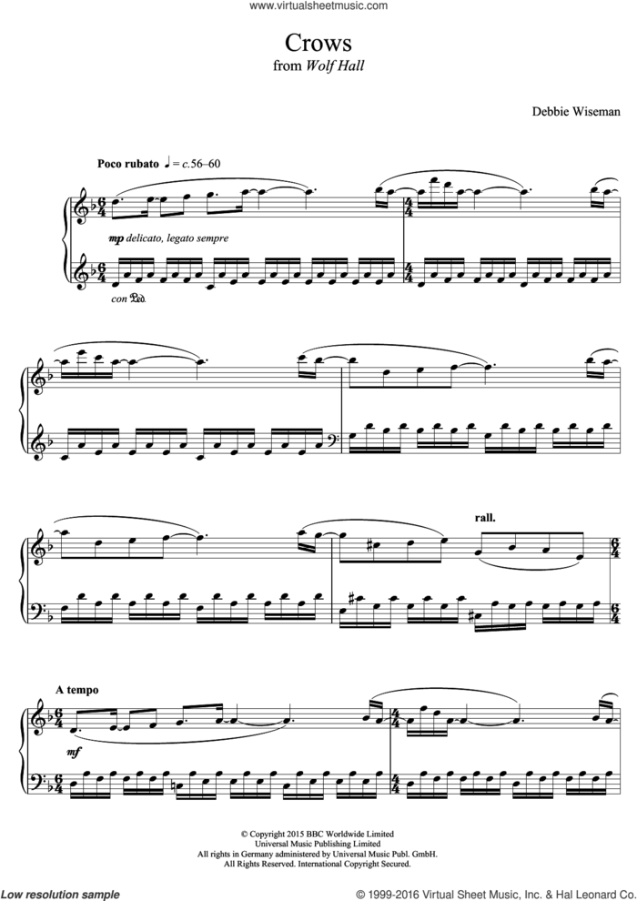 Crows (From 'Wolf Hall') sheet music for piano solo by Debbie Wiseman, classical score, intermediate skill level