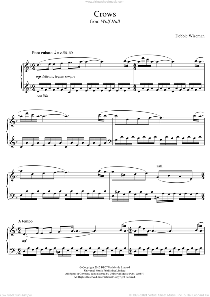 Crows (From 'Wolf Hall') sheet music for piano solo by Debbie Wiseman, classical score, intermediate skill level