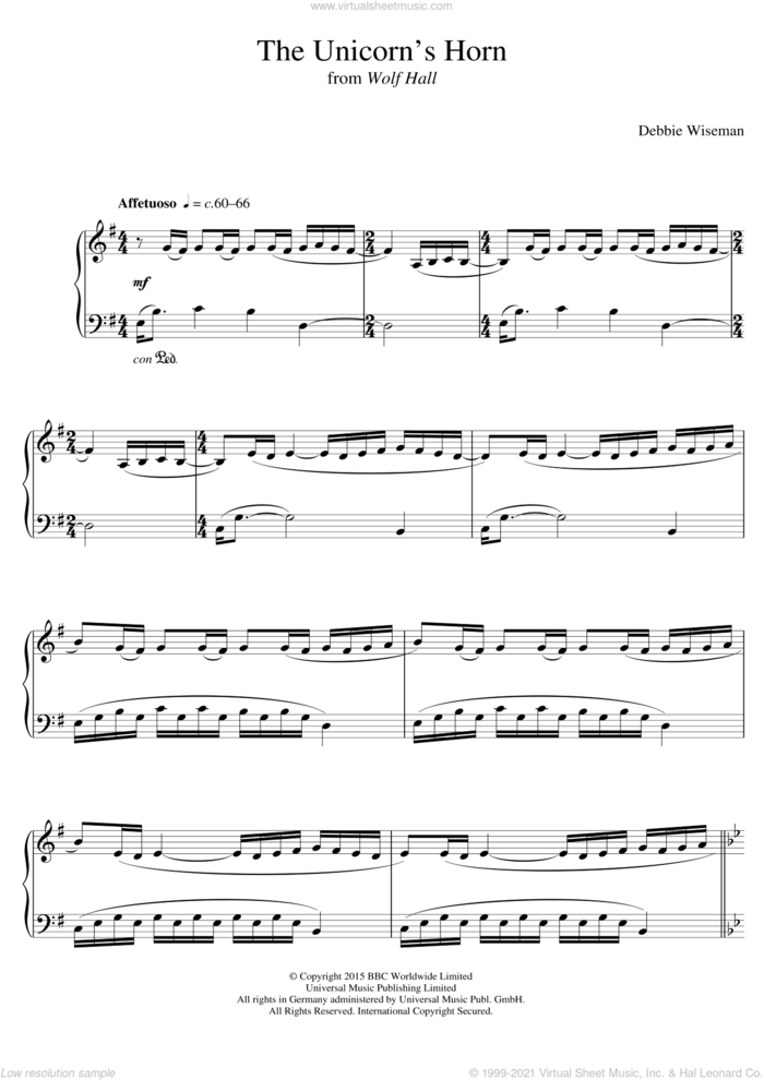 The Unicorn's Horn (From 'Wolf Hall') sheet music for piano solo by Debbie Wiseman, classical score, intermediate skill level