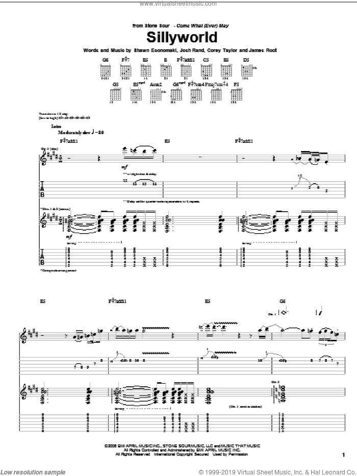 Sillyworld sheet music for guitar (tablature) by Stone Sour, Corey Taylor, James Root, Josh Rand and Shawn Economaki, intermediate skill level