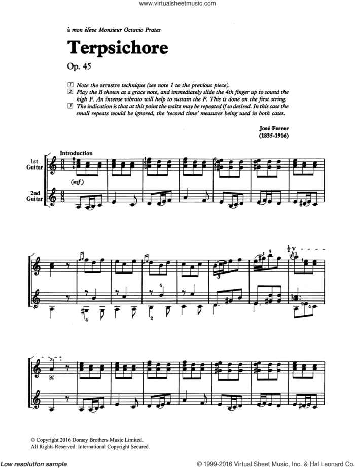 Terpsichore sheet music for guitar solo (chords) by Jose Ferrer and JosA�A� Ferrer, classical score, easy guitar (chords)