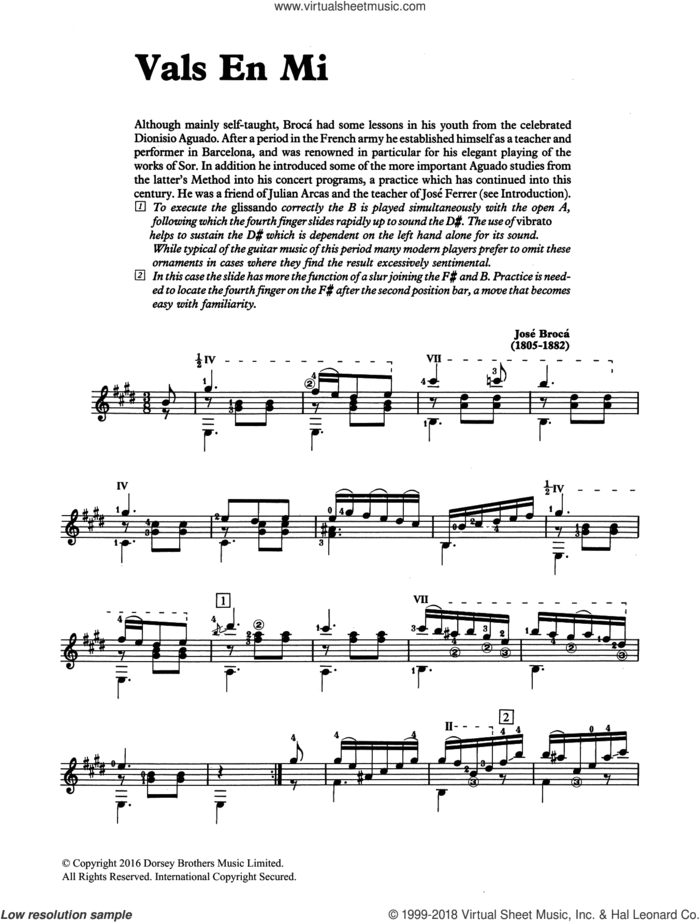 Vals En Mi sheet music for guitar solo by Jose Broca and Jose Broca, classical score, intermediate skill level