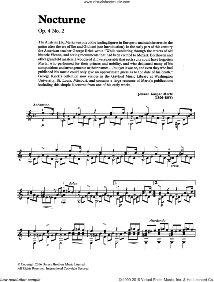 Nocturne sheet music for guitar solo (chords) by Johann Kaspar Mertz, classical score, easy guitar (chords)