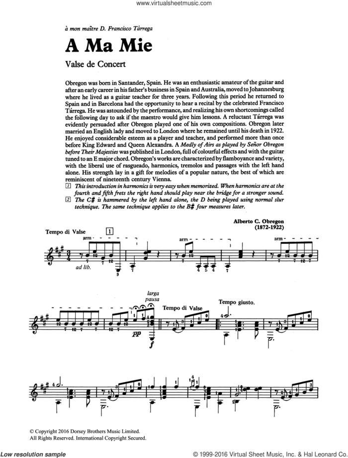 A Ma Mie sheet music for guitar solo (chords) by Alberto C. Obregon, classical score, easy guitar (chords)