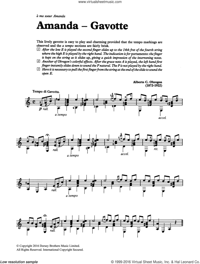 Amanda - Gavotte sheet music for guitar solo (chords) by Alberto C. Obregon, classical score, easy guitar (chords)