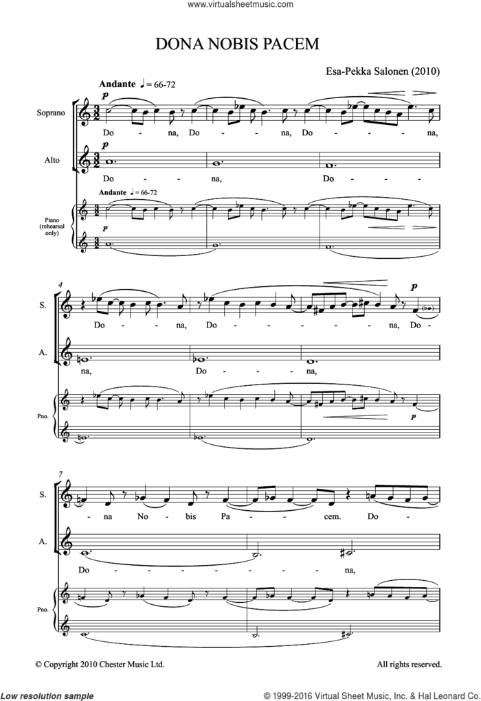Dona Nobis Pacem sheet music for voice, piano or guitar by Esa-Pekka Salonen, classical score, intermediate skill level