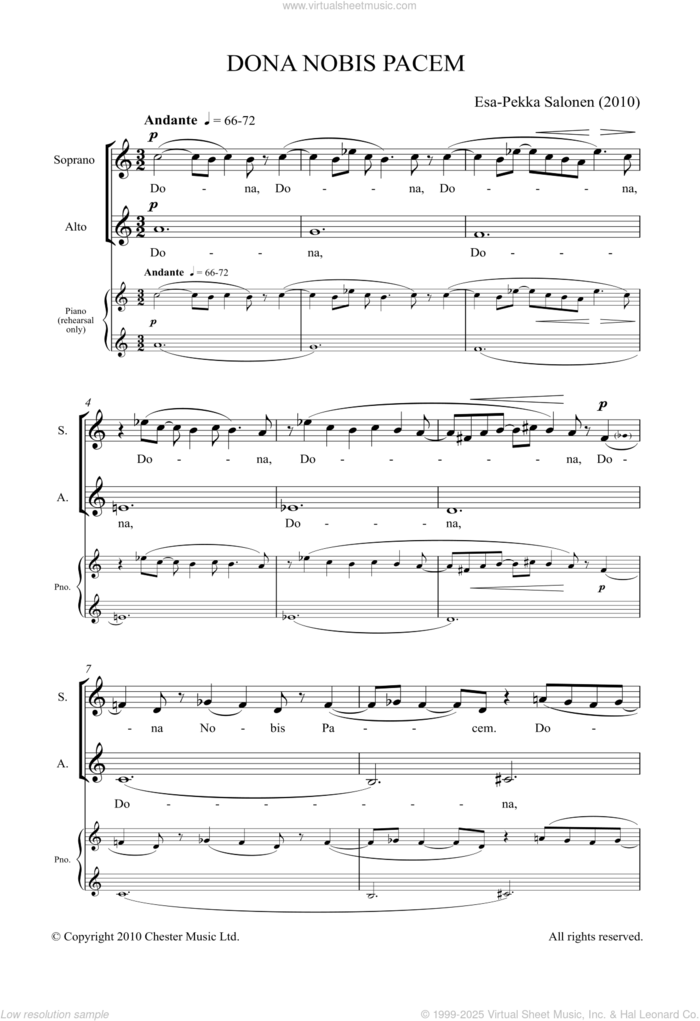 Dona Nobis Pacem sheet music for voice, piano or guitar by Esa-Pekka Salonen, classical score, intermediate skill level