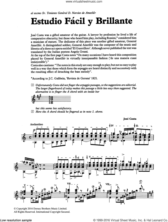 Estudio Facil Y Brillante sheet music for guitar solo (chords) by Jose Costa, classical score, easy guitar (chords)