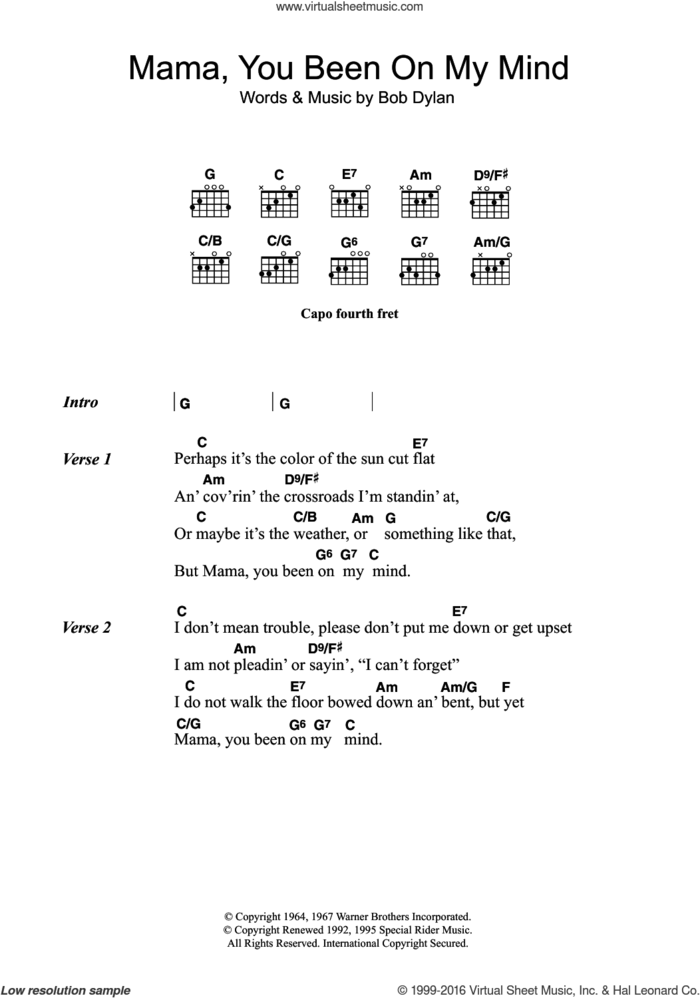Mama, You Been On My Mind sheet music for guitar (chords) by Bob Dylan, intermediate skill level
