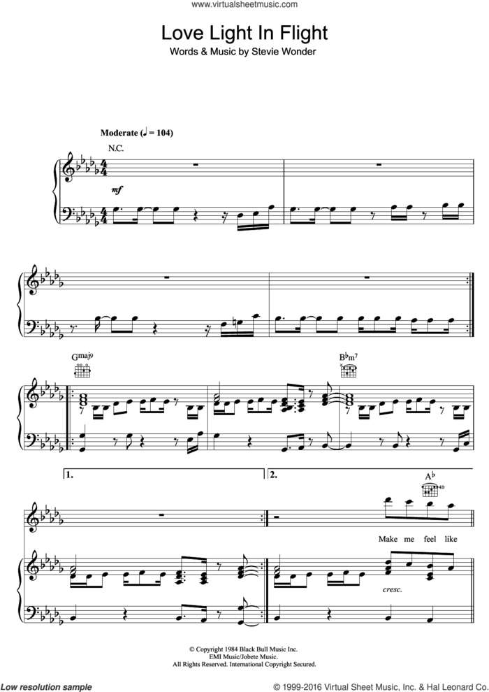 Love Light In Flight sheet music for voice, piano or guitar by Stevie Wonder, intermediate skill level