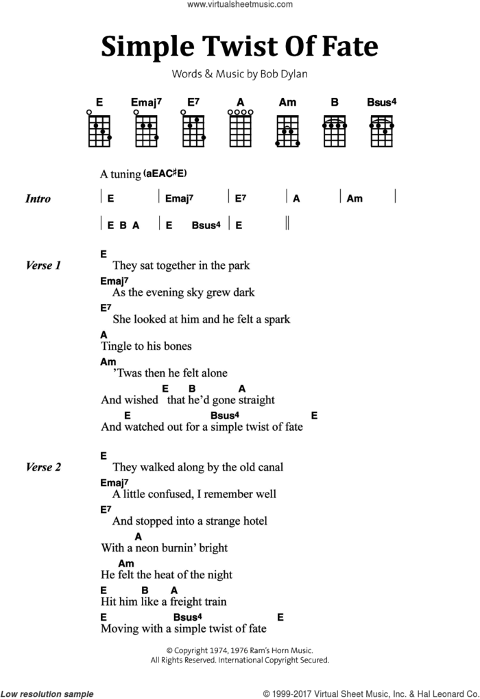 Simple Twist Of Fate sheet music for voice, piano or guitar by Bob Dylan, intermediate skill level