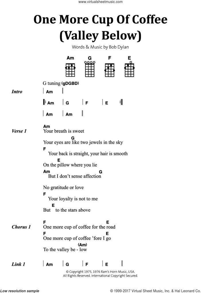 One More Cup Of Coffee (Valley Below) sheet music for ukulele (chords) by Bob Dylan, intermediate skill level