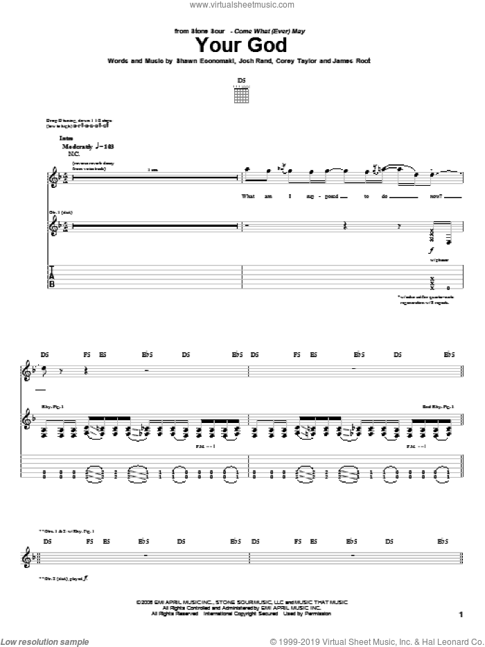 Your God sheet music for guitar (tablature) by Stone Sour, Corey Taylor, James Root, Josh Rand and Shawn Economaki, intermediate skill level