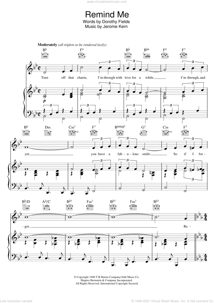 Remind Me sheet music for voice, piano or guitar by Ella Fitzgerald, Dorothy Fields and Jerome Kern, intermediate skill level