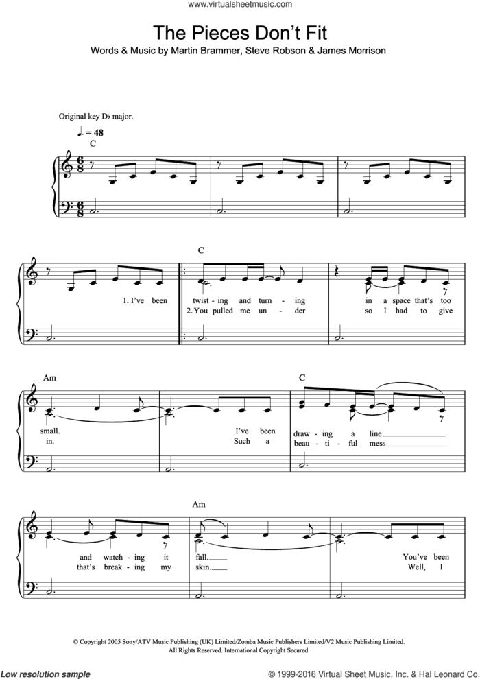 The Pieces Don't Fit Anymore sheet music for piano solo by James Morrison, Martin Brammer and Steve Robson, easy skill level