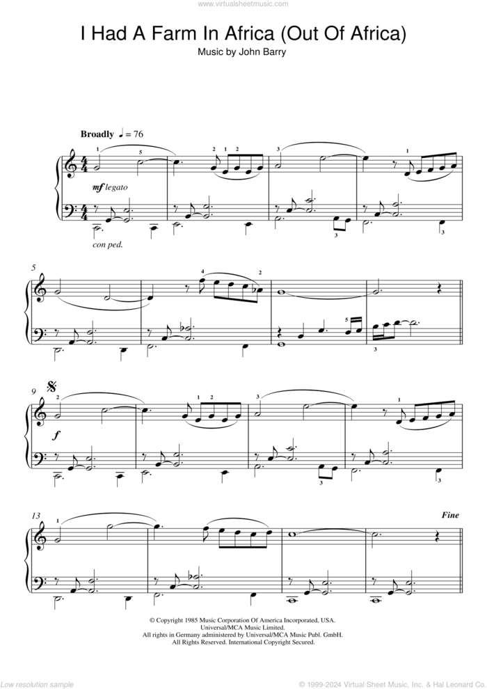 I Had A Farm In Africa (Main Title from Out Of Africa) sheet music for piano solo by John Barry, easy skill level