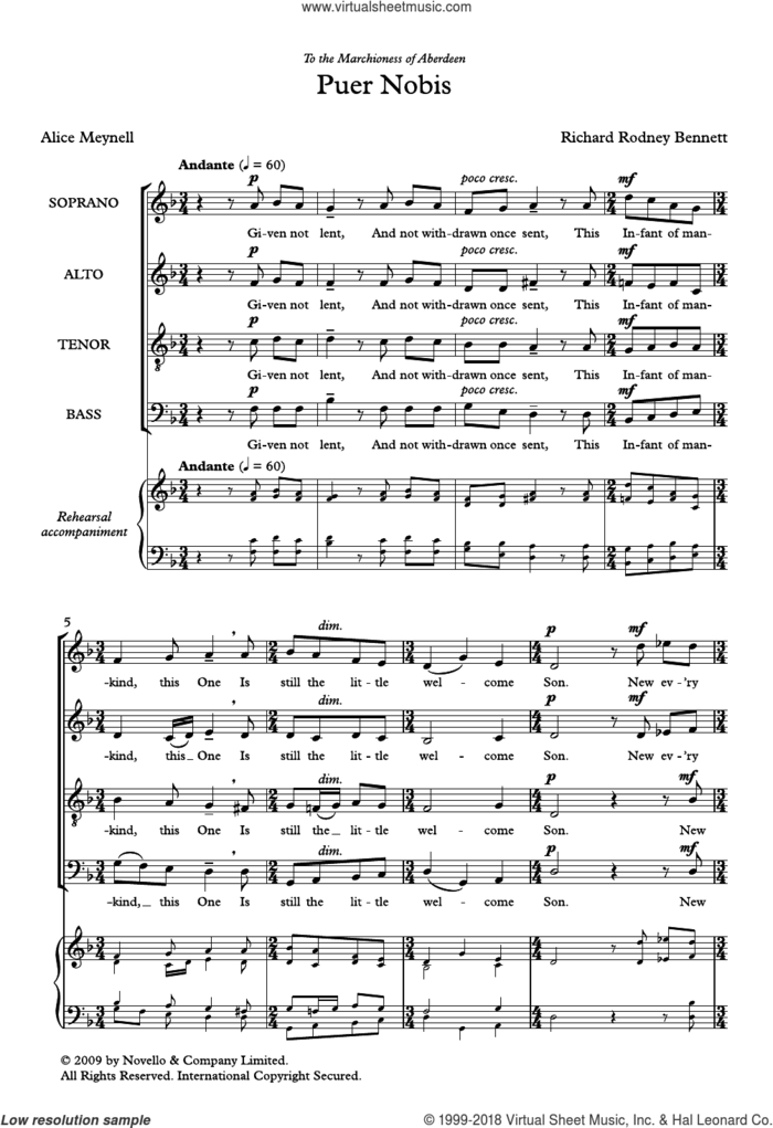 Puer Nobis sheet music for choir (SATB: soprano, alto, tenor, bass) by Richard Bennett and Alice Maynell, classical score, intermediate skill level