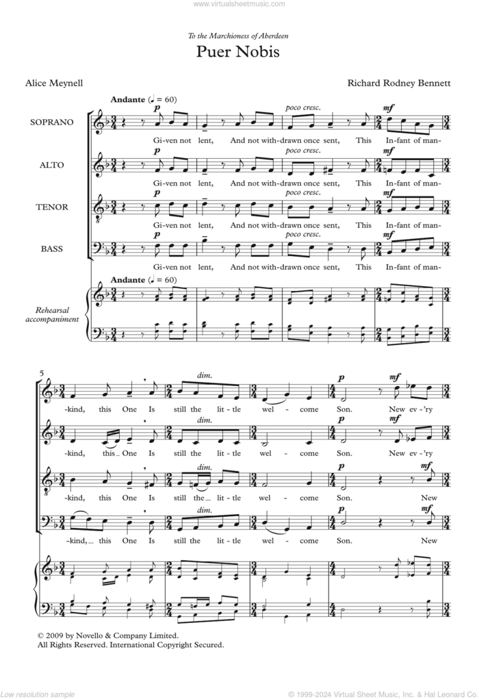 Puer Nobis sheet music for choir (SATB: soprano, alto, tenor, bass) by Richard Bennett and Alice Maynell, classical score, intermediate skill level