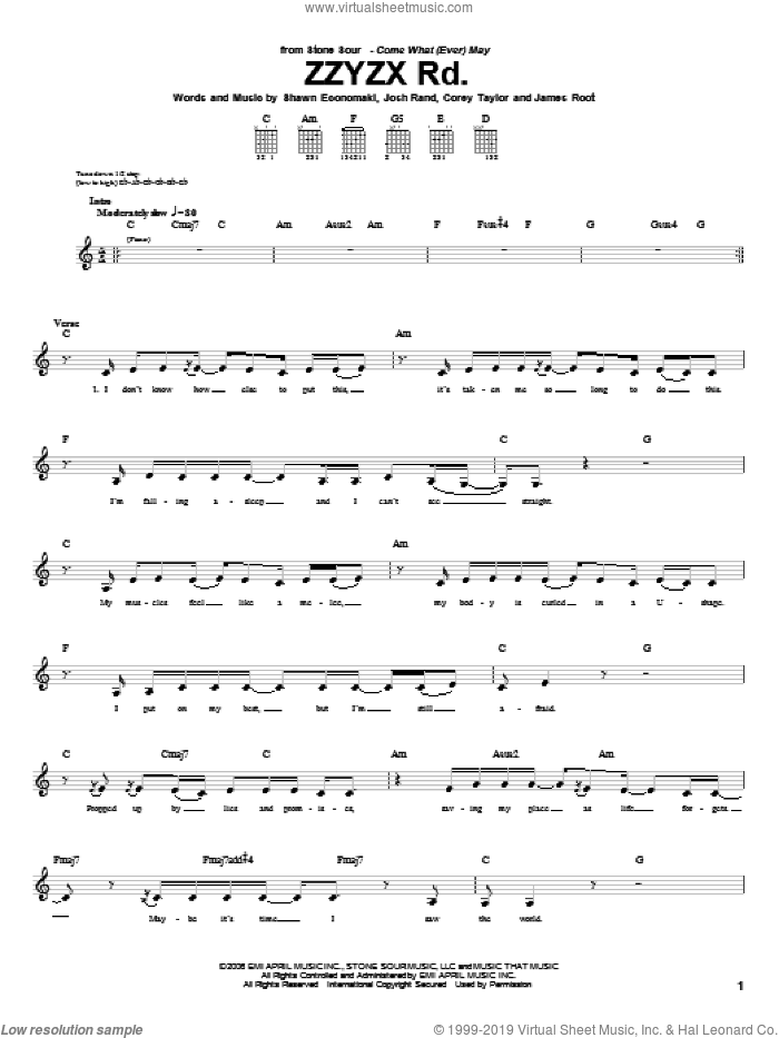 ZZYZX Rd. sheet music for guitar (tablature) by Stone Sour, Corey Taylor, James Root, Josh Rand and Shawn Economaki, intermediate skill level