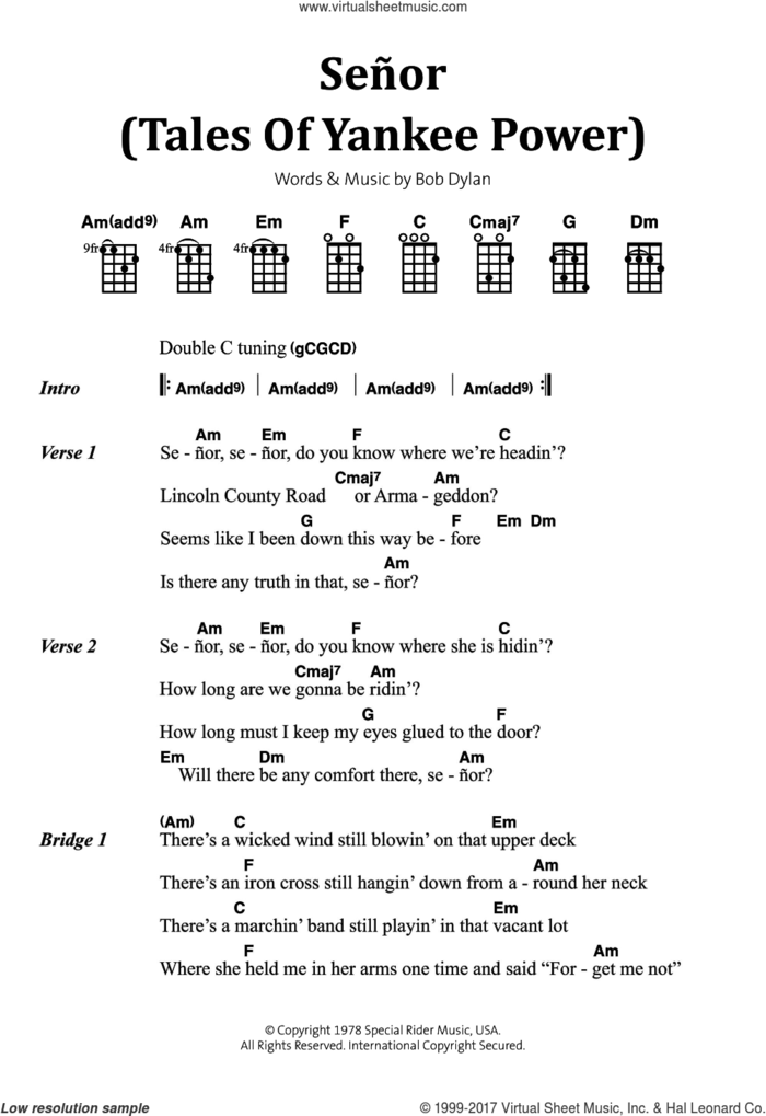 Senor (Tales Of Yankee Power) sheet music for voice, piano or guitar by Bob Dylan, intermediate skill level