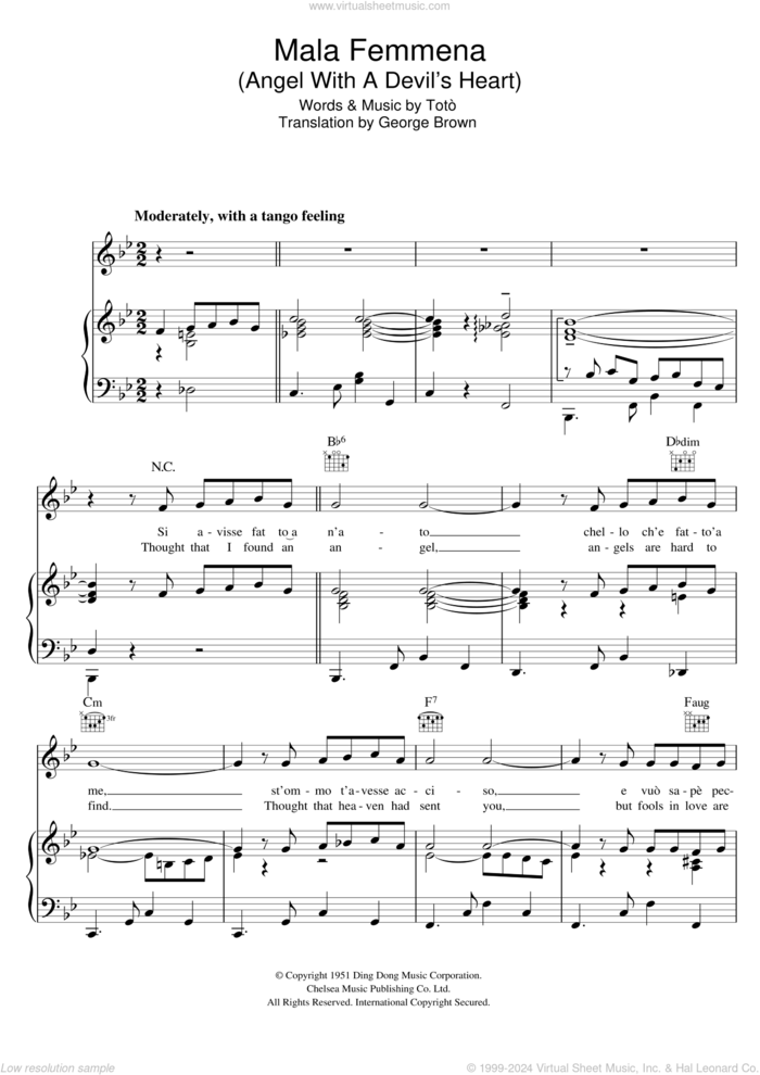 Mala Femmena sheet music for voice, piano or guitar by Connie Francis, George Brown and Toto, intermediate skill level