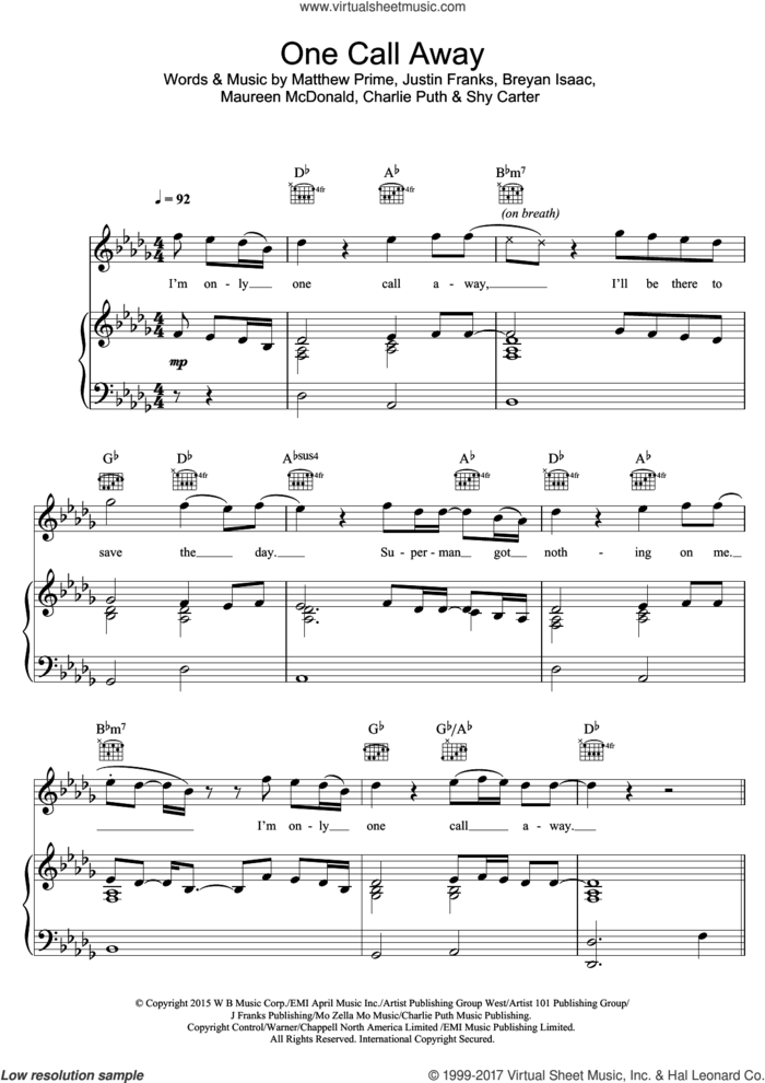 One Call Away sheet music for voice, piano or guitar by Charlie Puth, Breyan Isaac, Justin Franks, Matthew Prime, Maureen McDonald and Shy Carter, intermediate skill level