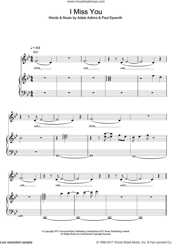 I Miss You sheet music for voice, piano or guitar by Adele, Adele Adkins and Paul Epworth, intermediate skill level