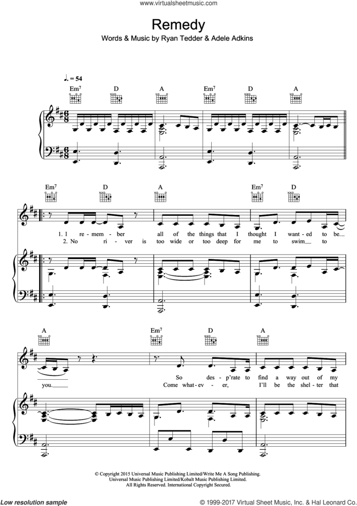 Remedy sheet music for voice, piano or guitar by Adele, Adele Adkins and Ryan Tedder, intermediate skill level