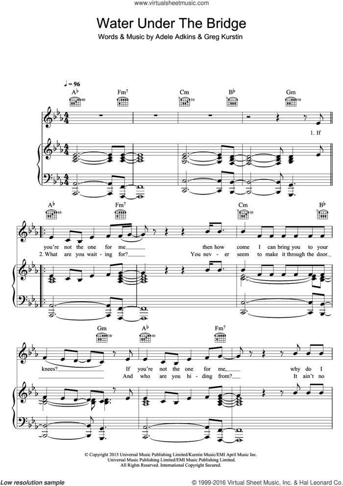 Water Under The Bridge sheet music for voice, piano or guitar by Adele, Adele Adkins and Greg Kurstin, intermediate skill level