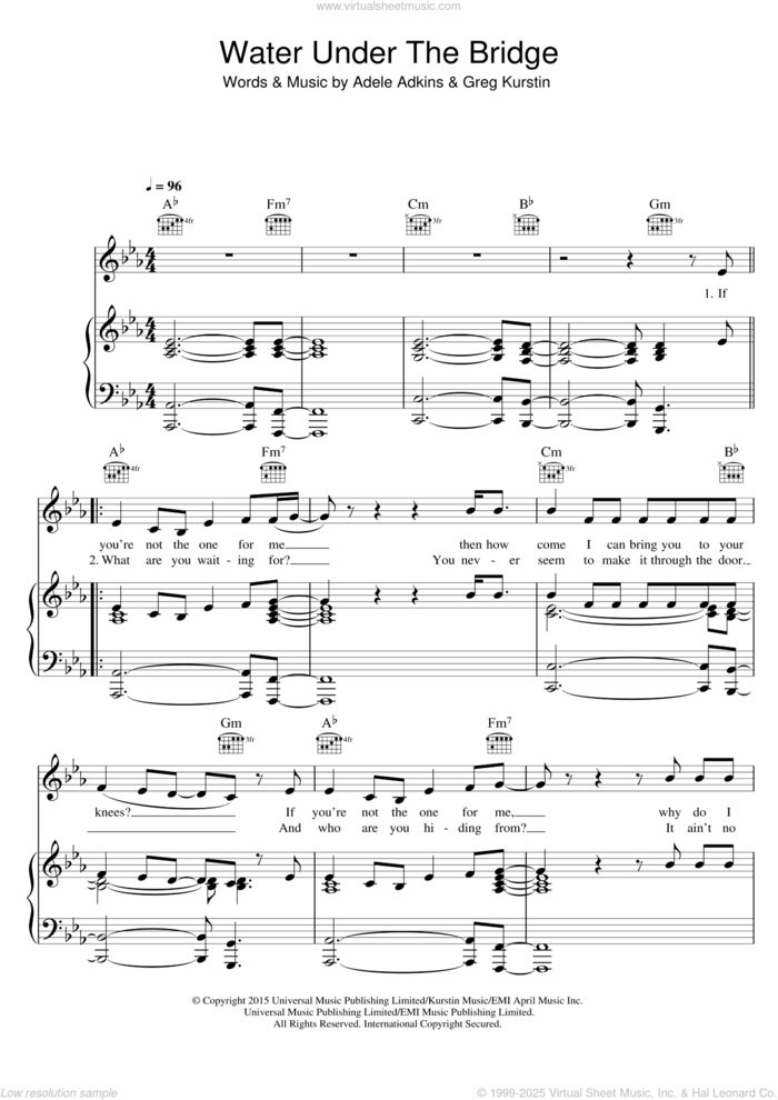 Water Under The Bridge sheet music for voice, piano or guitar by Adele, Adele Adkins and Greg Kurstin, intermediate skill level