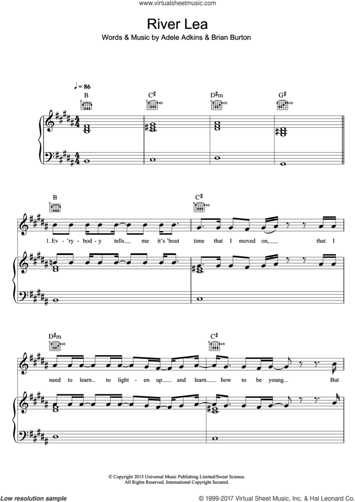 River Lea sheet music for voice, piano or guitar by Adele, Adele Adkins and Brian Burton, intermediate skill level