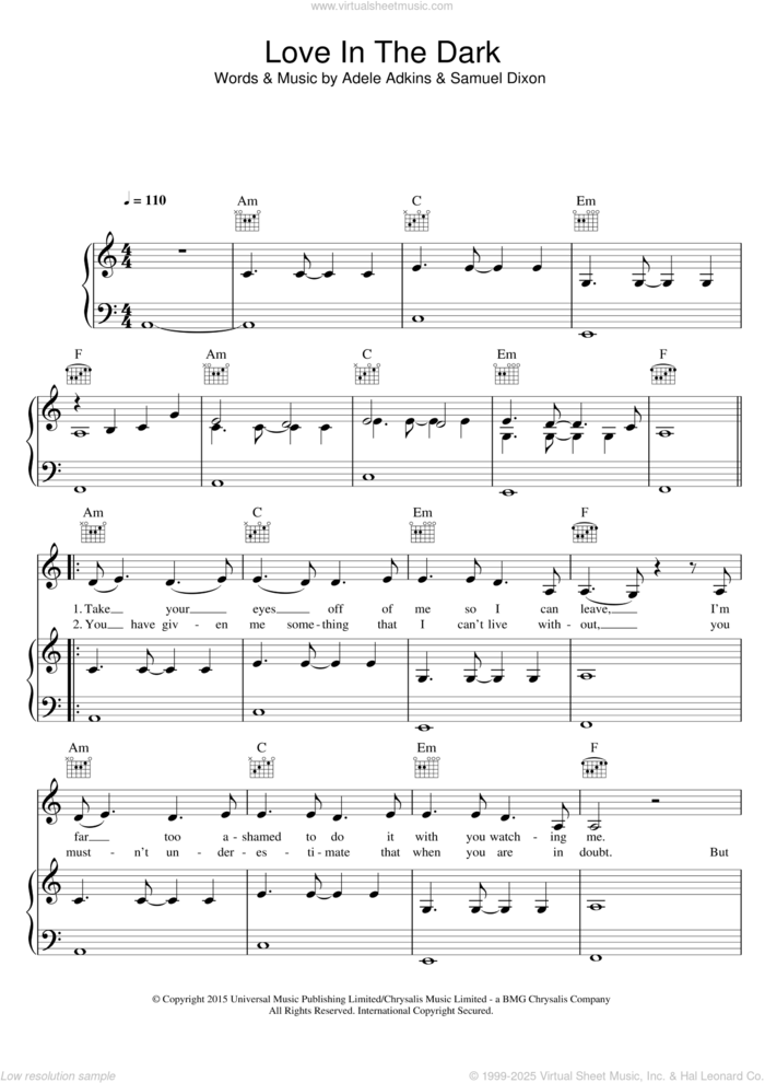 Love In The Dark sheet music for voice, piano or guitar by Adele, Adele Adkins and Samuel Dixon, intermediate skill level
