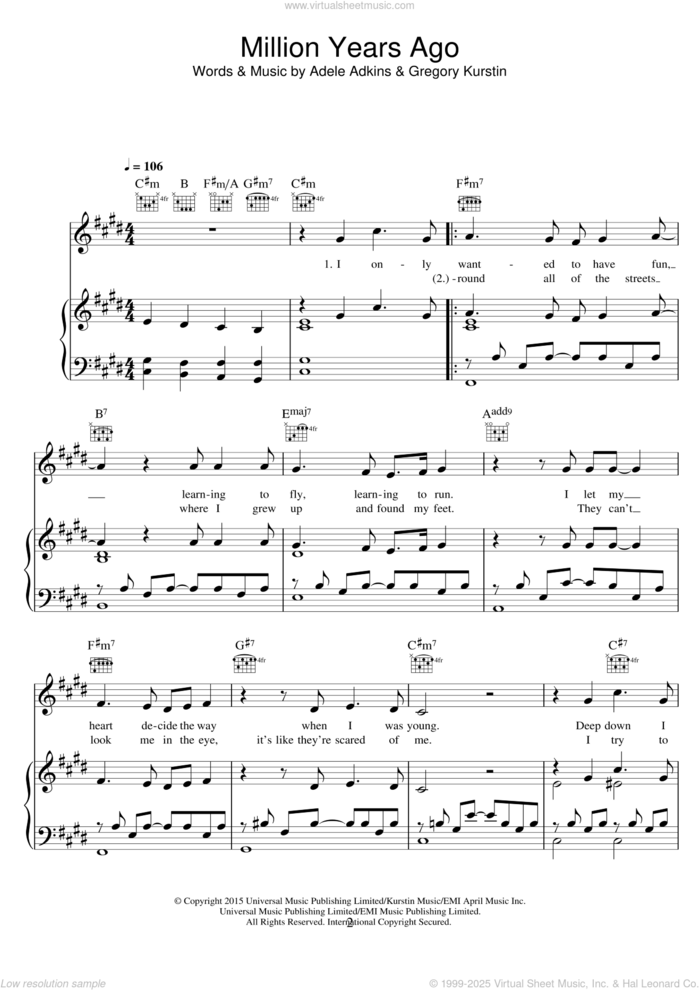 Million Years Ago sheet music for voice, piano or guitar by Adele, Adele Adkins and Greg Kurstin, intermediate skill level