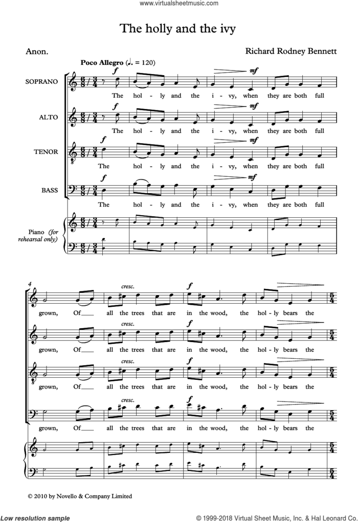 The Holly And The Ivy sheet music for choir (SATB: soprano, alto, tenor, bass) by Richard Bennett and Anon, classical score, intermediate skill level
