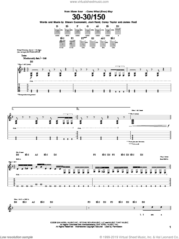 30-30/150 sheet music for guitar (tablature) by Stone Sour, Corey Taylor, James Root, Josh Rand and Shawn Economaki, intermediate skill level